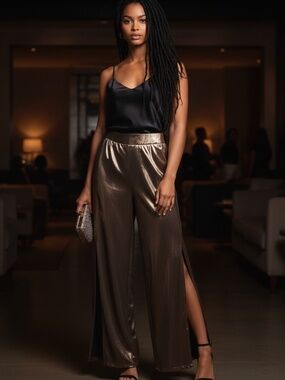 LES CLOCHES METALLIC BRONZE PALAZZO PANTS- Size Large